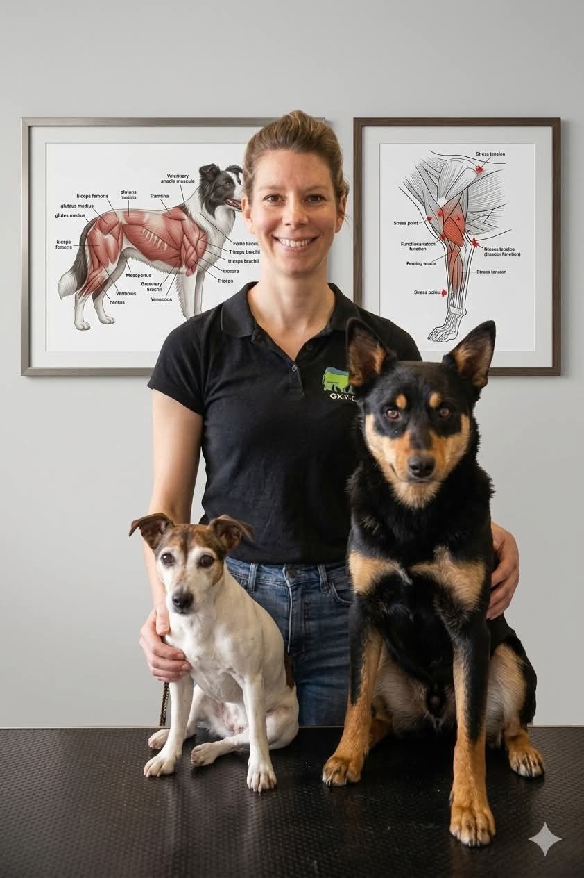 Anne van't Land, ostéopathe animalière, avec ses deux chiens dans son cabinet